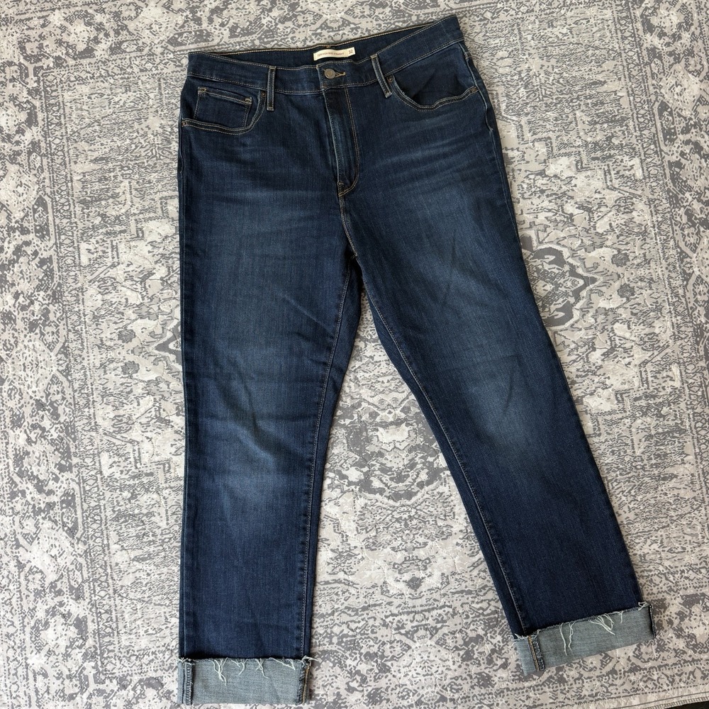 Levis 724 High Rise Straight Jeans Womens 32 Blue Dark Wash Raw Hem Stretch